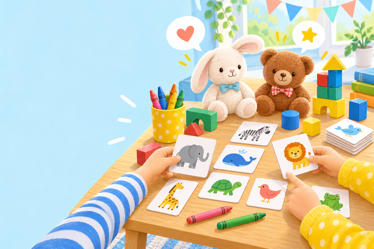 動物カードとカラフルなブロックで遊ぶキッズ英会話のイメージ