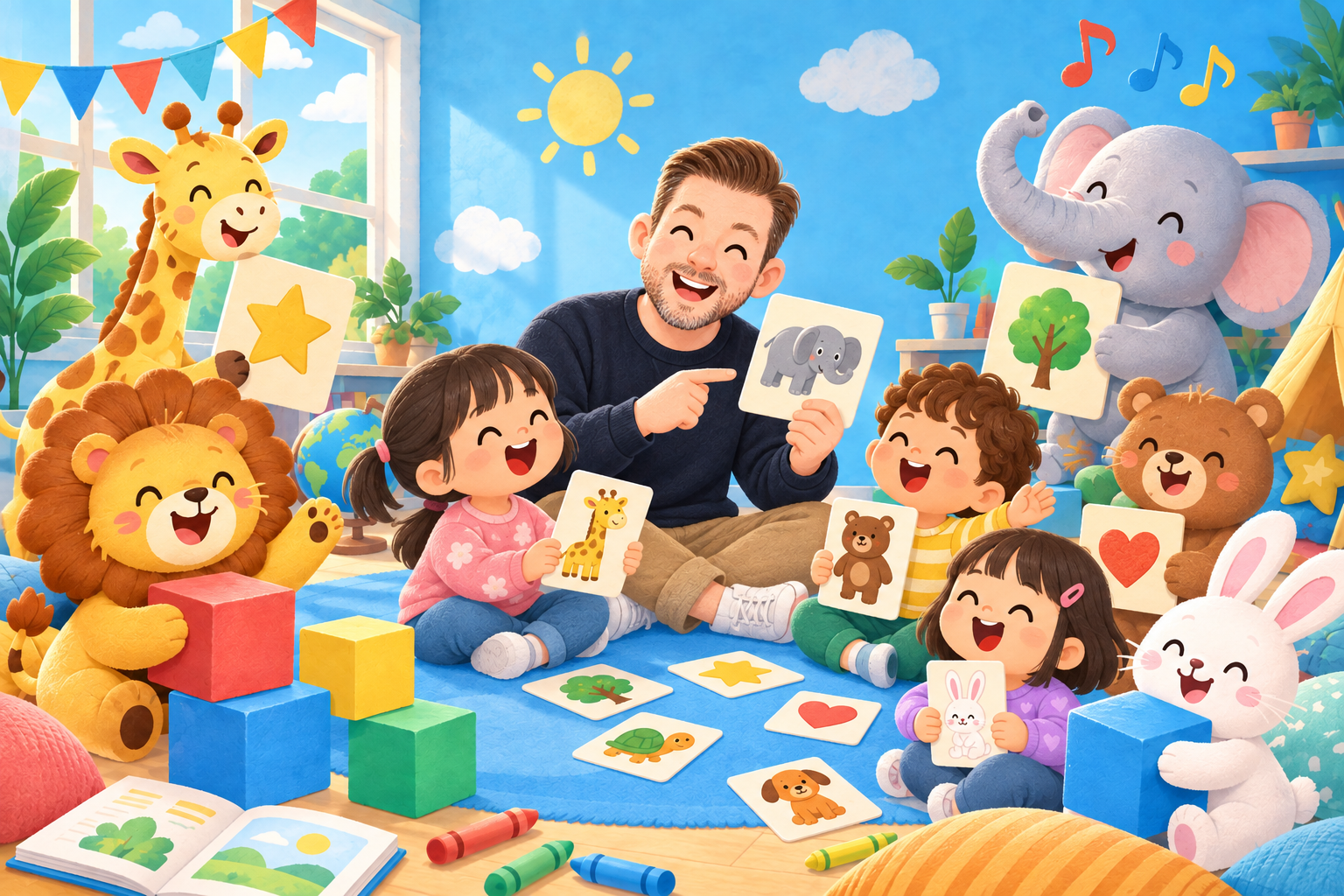 Tonyと子どもたちが動物カードで笑いながら遊ぶキッズ英会話
