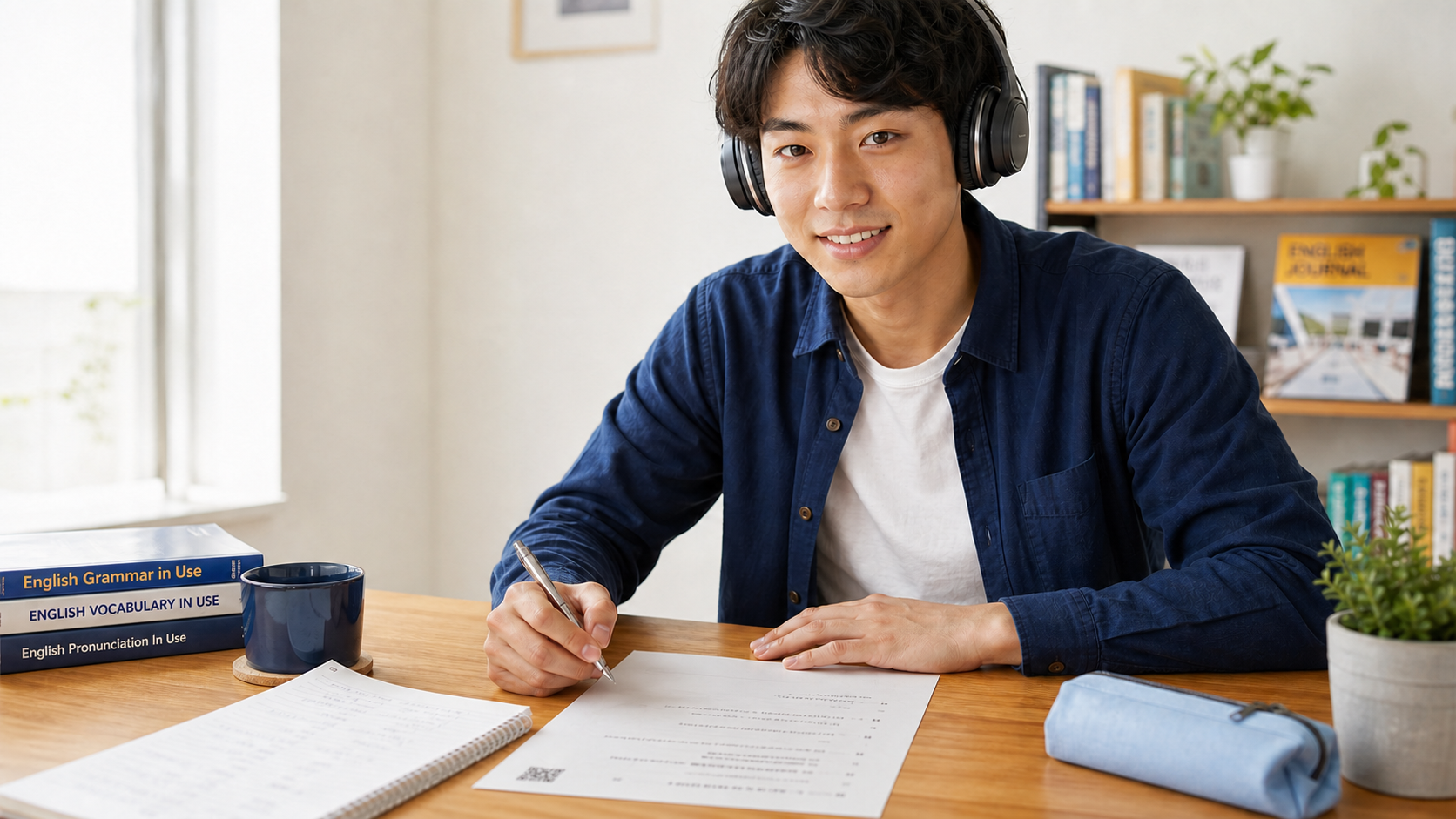 ヘッドホンでTonari No Tonyの宿題音声を聞く生徒